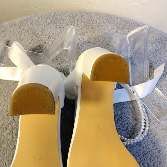 Adorose White Satin Heels Block with Pearl Ankle Straps Size 10 with Bow Bridal - Picture 14 of 14